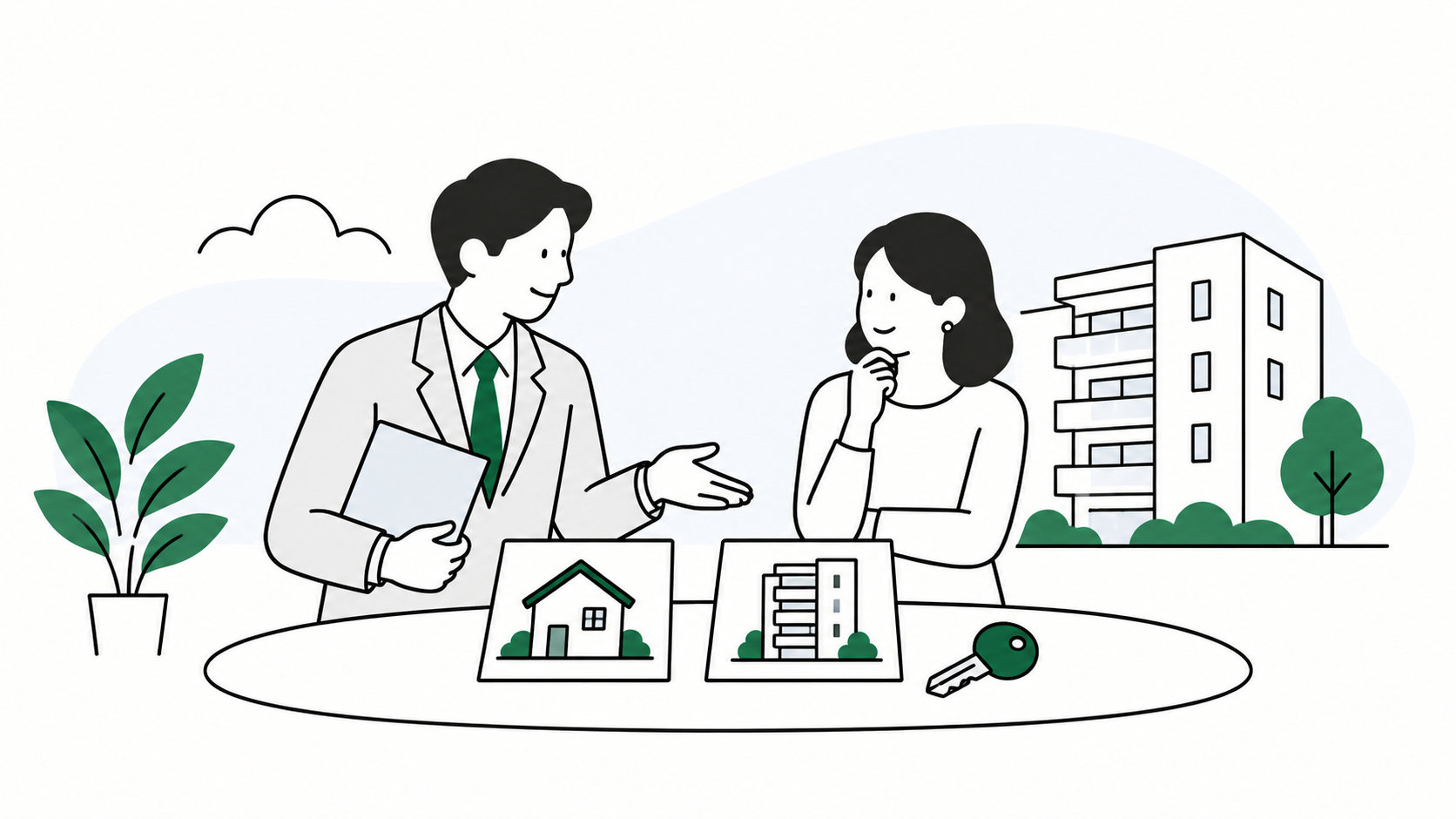 間取り図を見ながら不動産売買と賃貸を相談する夫婦と担当者のイラスト