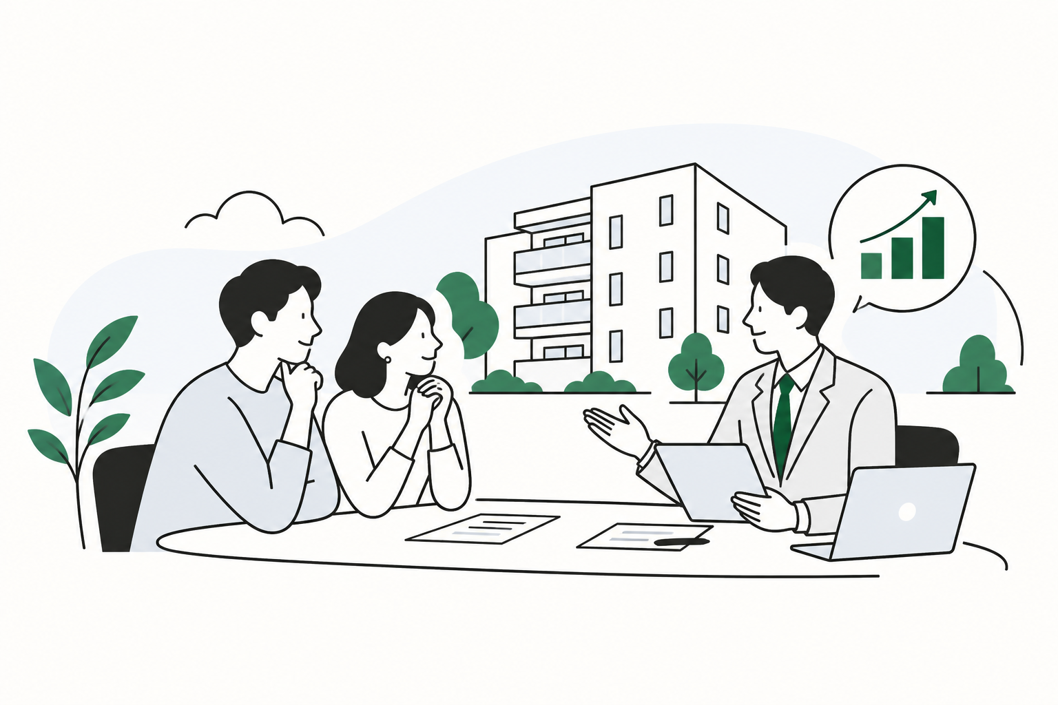 マンションを背景に、不動産について相談する夫婦と担当者の線画イラスト