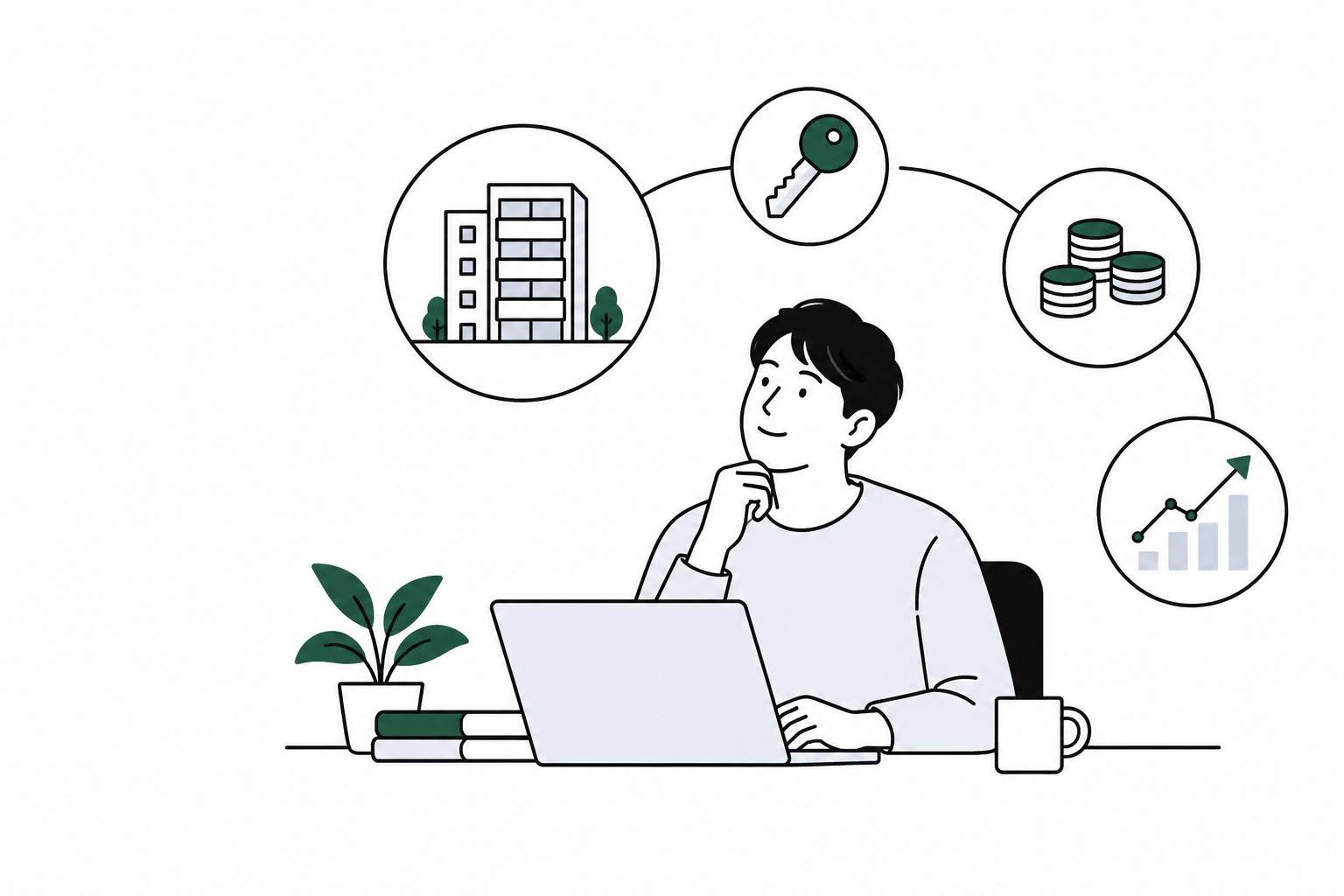 建物、鍵、家賃収入の流れを見ながら不動産投資を考える人物の線画イラスト